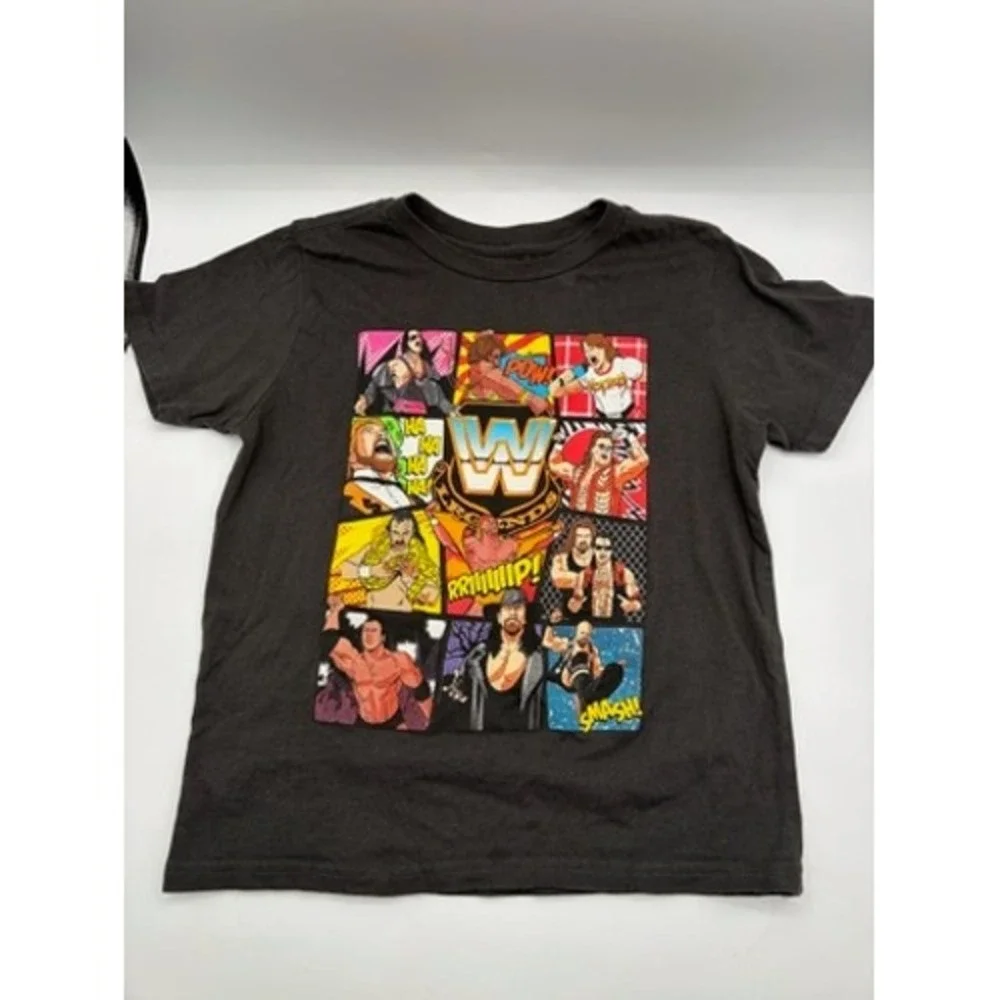 WWE Legends Graphic T-Shirt Kids XS 6/7 Black Wrestling Superstars Comic Grid
